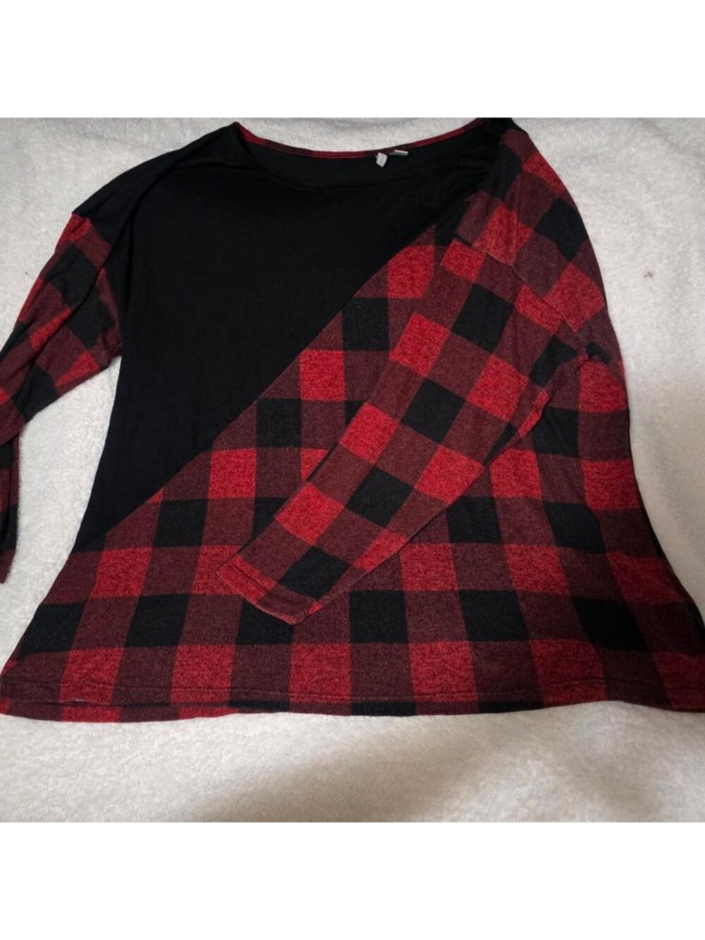 Cato Red and black plaid long sleeve shirt with black panel on one side